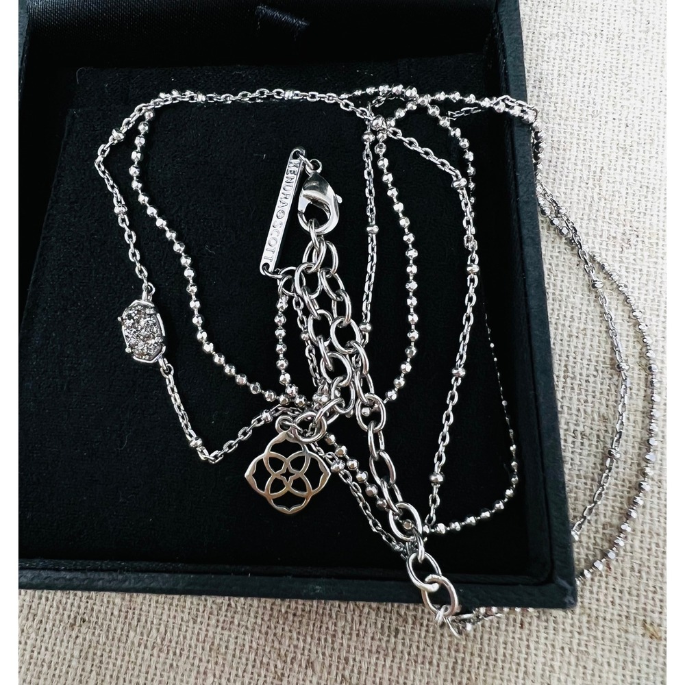 Kendra Scott Elisa Double Strand Necklace Rhodium Silver Black Drusy Layered - Picture 9 of 10
